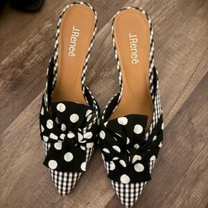 J.Renee Black Polka Dot & Gingham Pointed Toe Mules